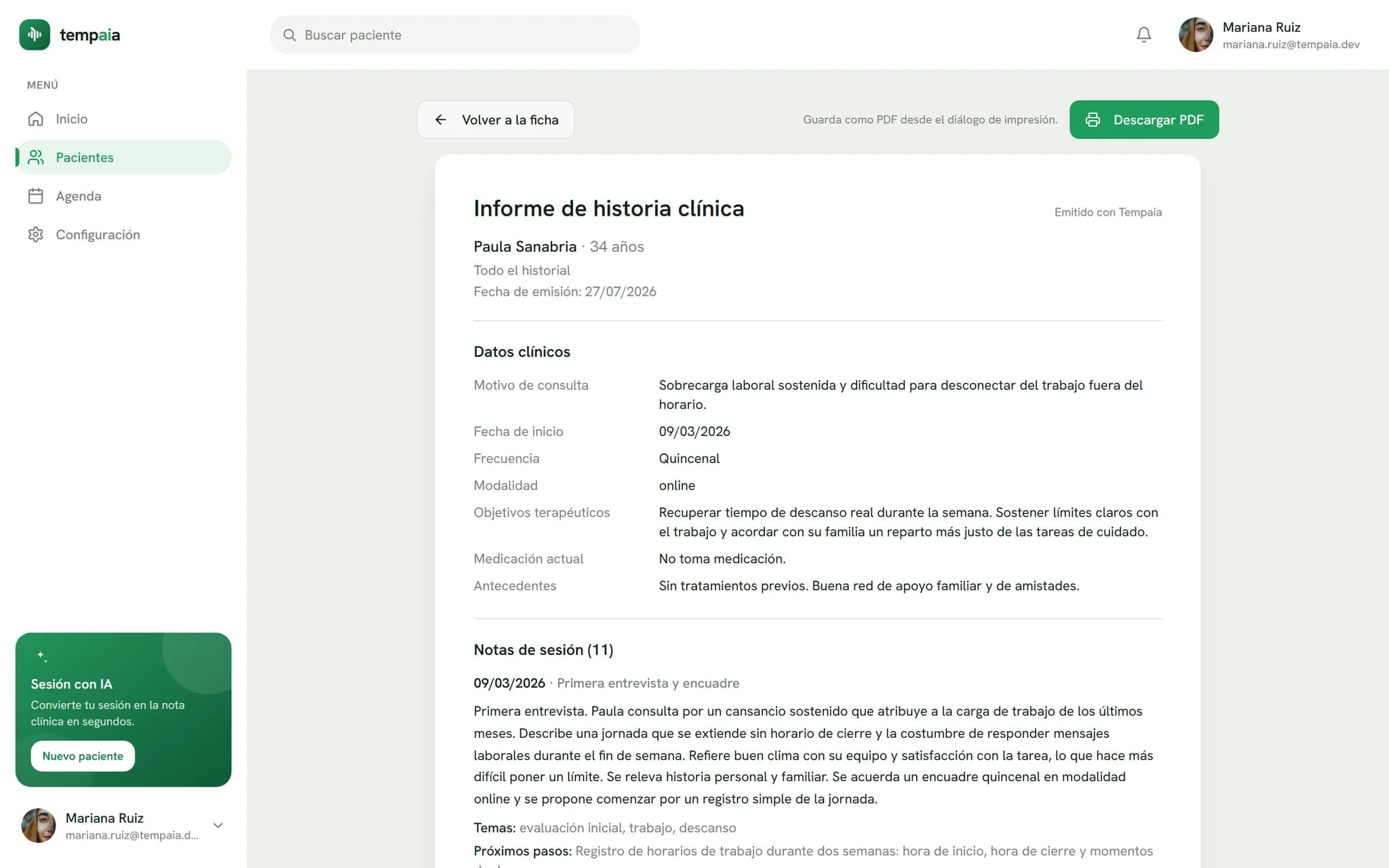 Informe de historia clínica de Tempaia listo para descargar en PDF y compartir