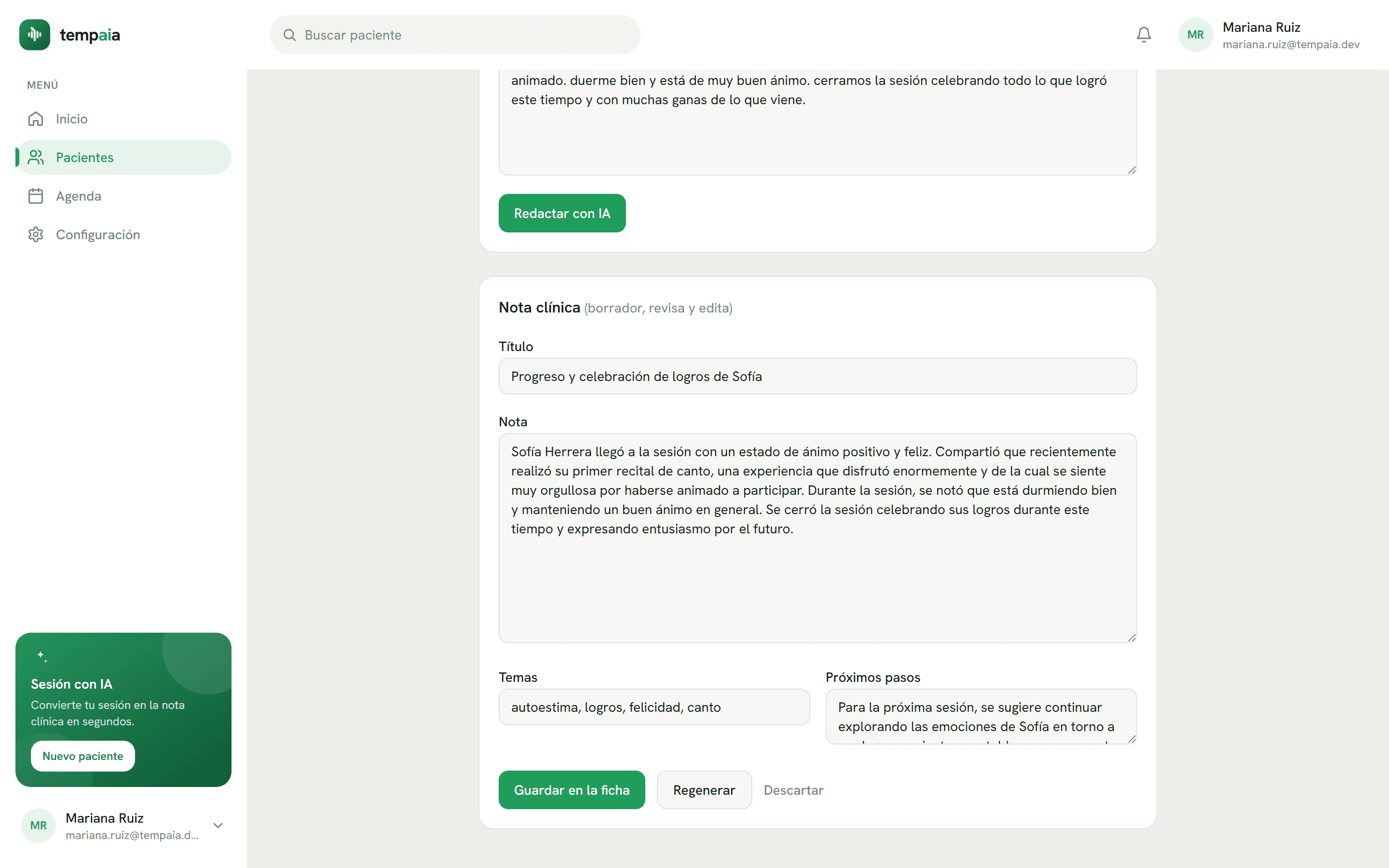 Editor de nota de sesión de Tempaia con la nota clínica redactada por inteligencia artificial