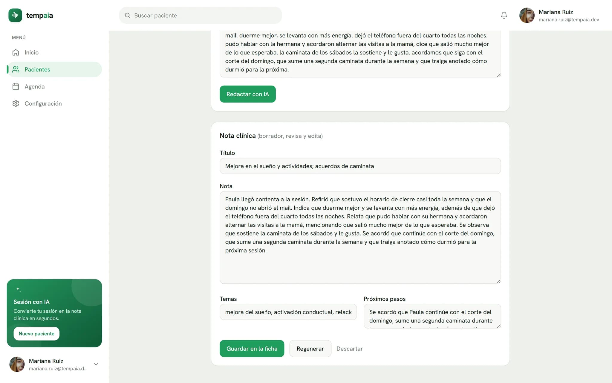 Editor de nota de sesión de Tempaia con la nota clínica redactada por inteligencia artificial, con título, temas y próximos pasos