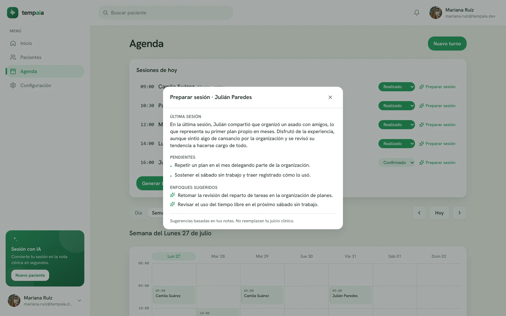 Preparar sesión en Tempaia: resumen de la última sesión, pendientes y focos sugeridos antes del turno