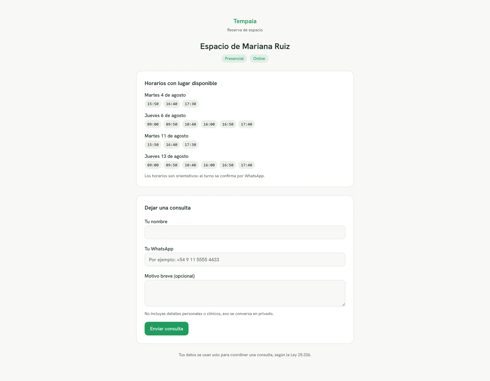 Página pública de reservas de Tempaia: horarios libres por día y formulario para dejar nombre y WhatsApp